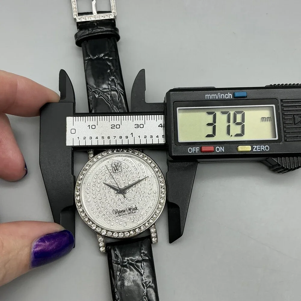Victoria Wieck B9655 Womens Watch 38mm Silver Tone Crystals Leather New Battery
